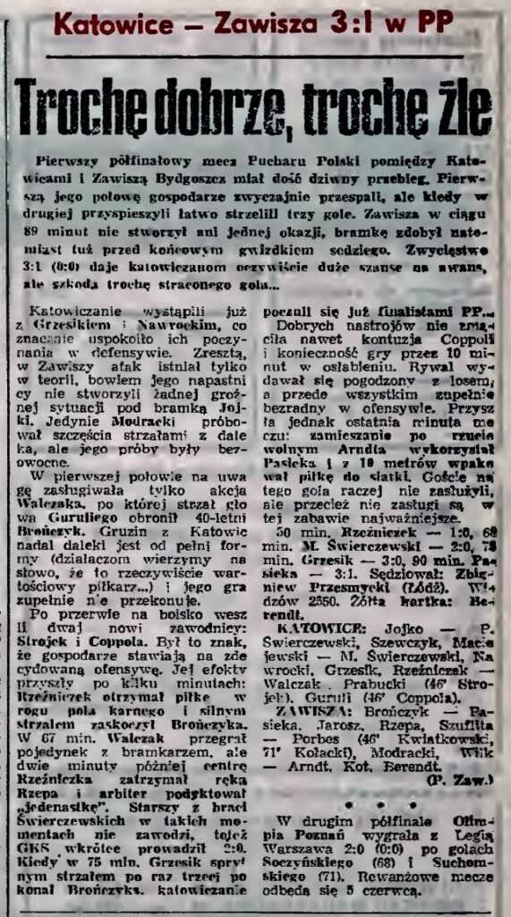 „Trybuna Śląska" z 16.05.1991 o meczu Pucharu Polski GKS Katowice – Zawisza (15.05.1991). 