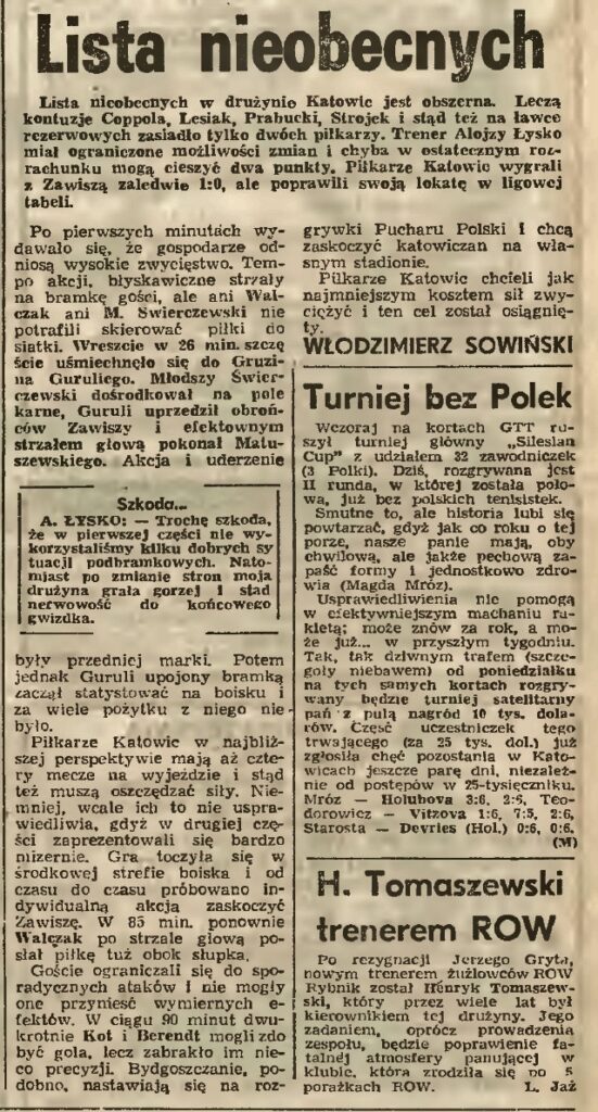 „Trybuna Śląska" z 23.05.1991 o meczu GKS Katowice – Zawisza (22.05.1991).

