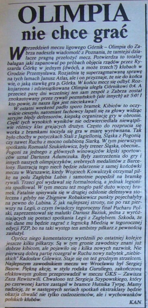 Tygodnik „Piłka Nożna" z 25.08.1992 o meczu GKS Katowice – Zawisza (22.08.1992) i innych meczach ekstraklasy.