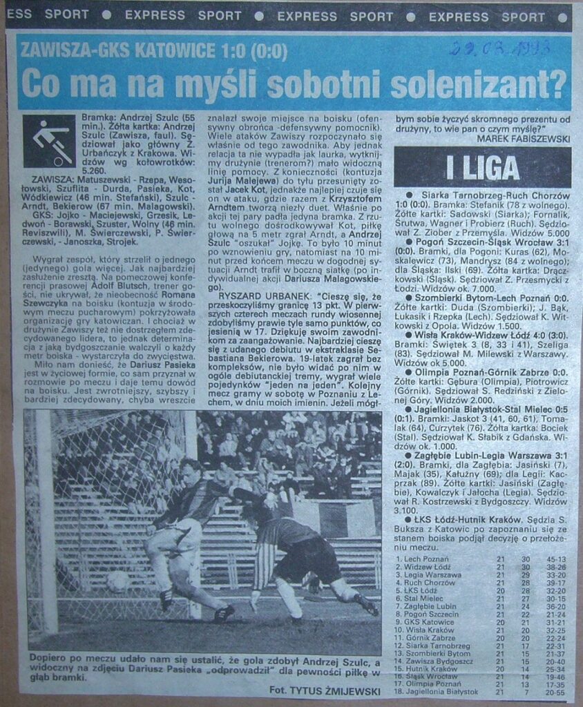 „Express Bydgoski" z 29.03.1993 o meczu Zawisza – GKS Katowice (27.03.1993) i innych meczach ekstraklasy.
