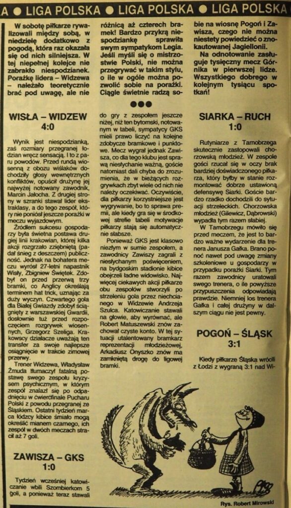 Tygodnik „Piłka Nożna" z 30.03.1993 o meczu Zawisza – GKS Katowice (27.03.1993) i niektórych innych spotkaniach ekstraklasy.