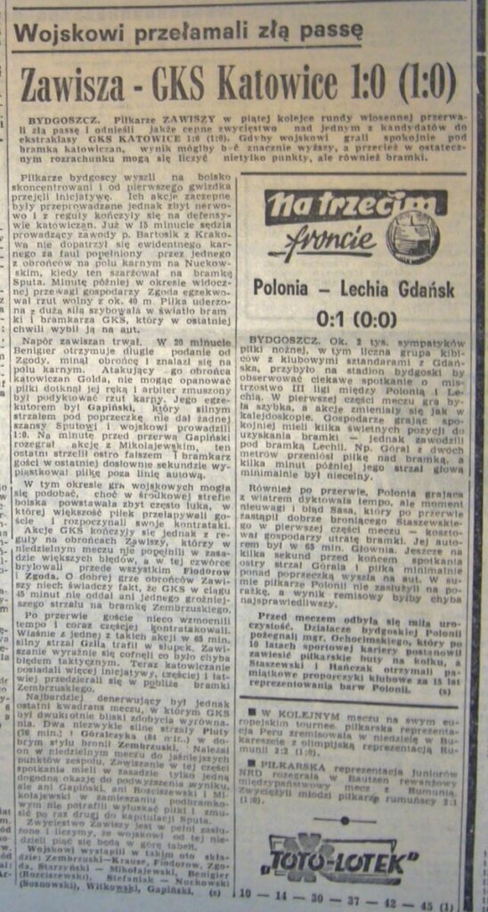 „Gazeta Pomorska" z 24.04.1972 o meczu Zawisza – GKS Katowice (23.04.1972). 