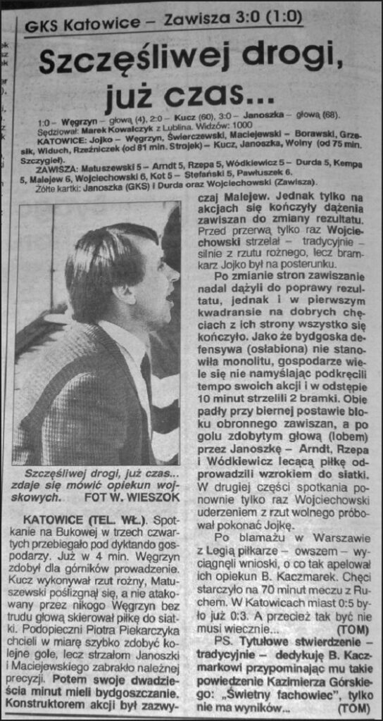 „Gazeta Pomorska" z 18.10.1993 o meczu GKS Katowice – Zawisza (16.10.1993).